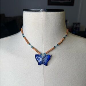 Vintage Bohemian Blue and Brown Beaded Butterfly Necklace